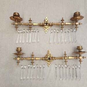 Pair Antique Solid Brass Piano Wall Sconces 2-Arm Adjustable Crystal Prisms
